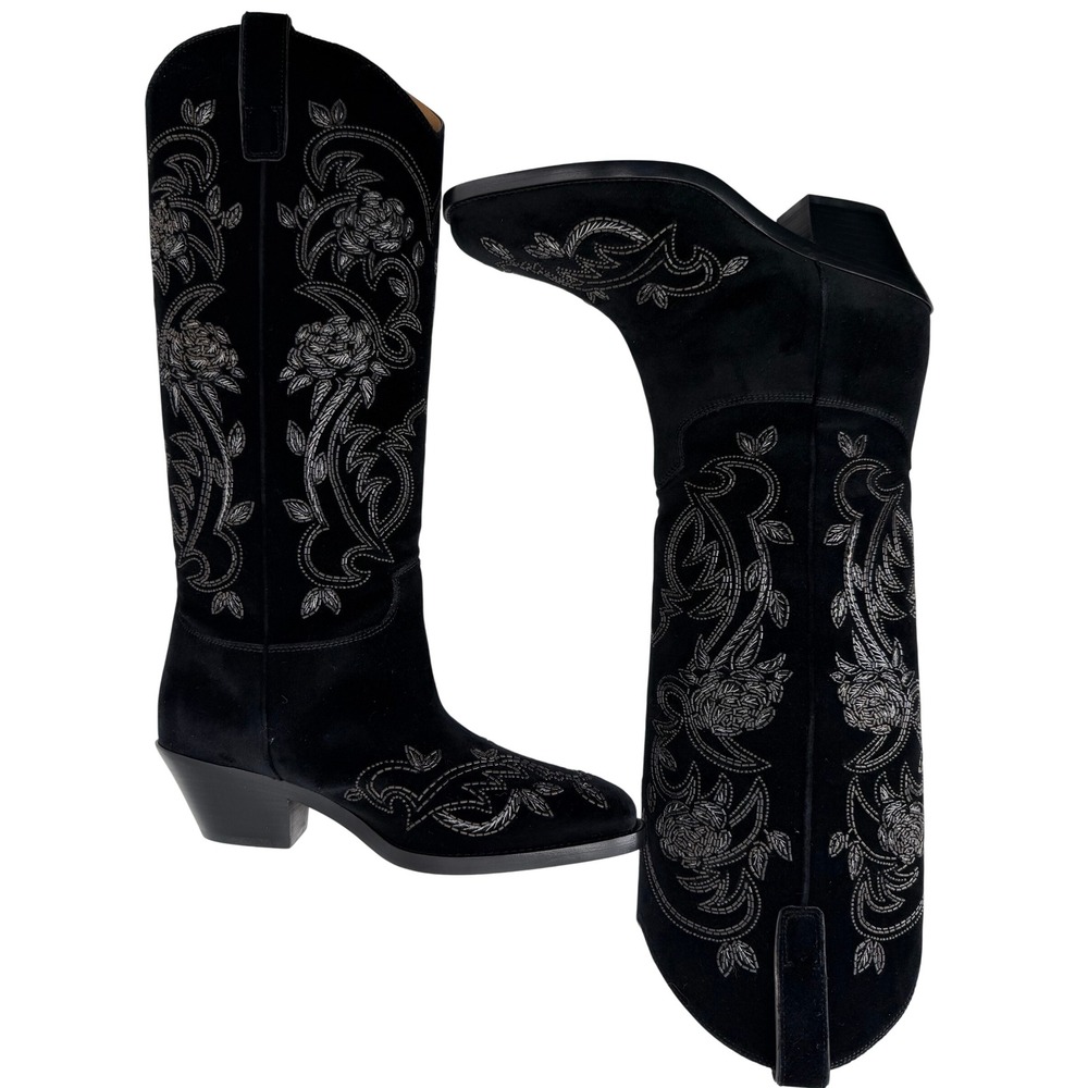Ralph Lauren Purple label Black Suede Beaded Floral Western Boots Italy 37.5 B